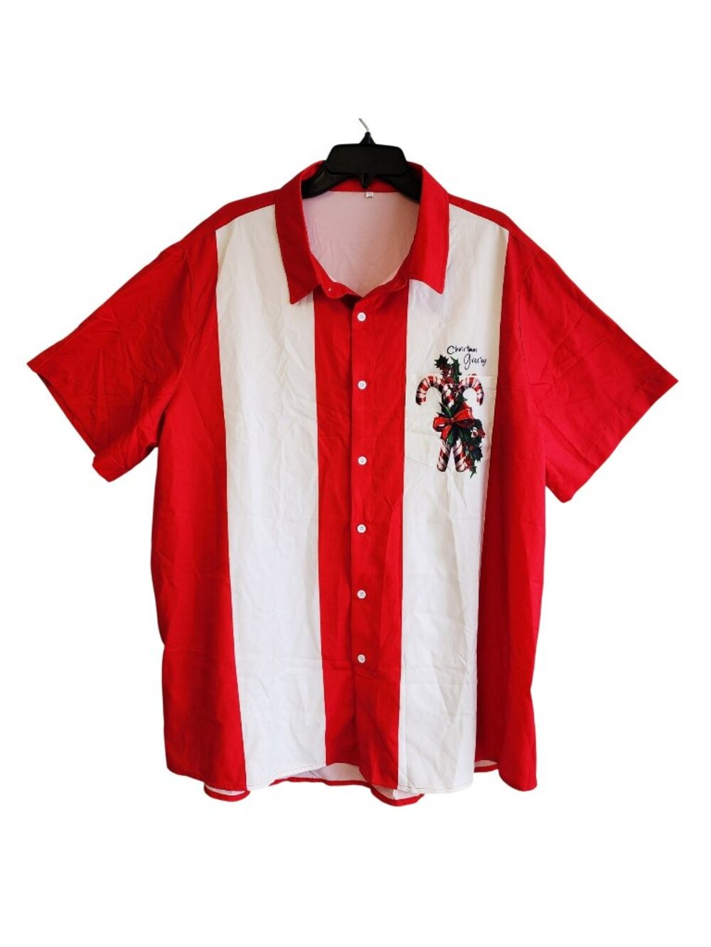 Christmas Mens Greetings Red Striped Button-Up Shirt 2XL Short Sleeve